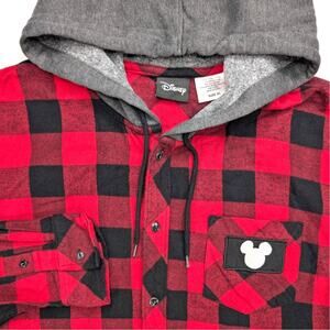 Disney Mickey Mouse Lumberjack Hooded Flannel Mens XL Red Black Hoodie Number 28
